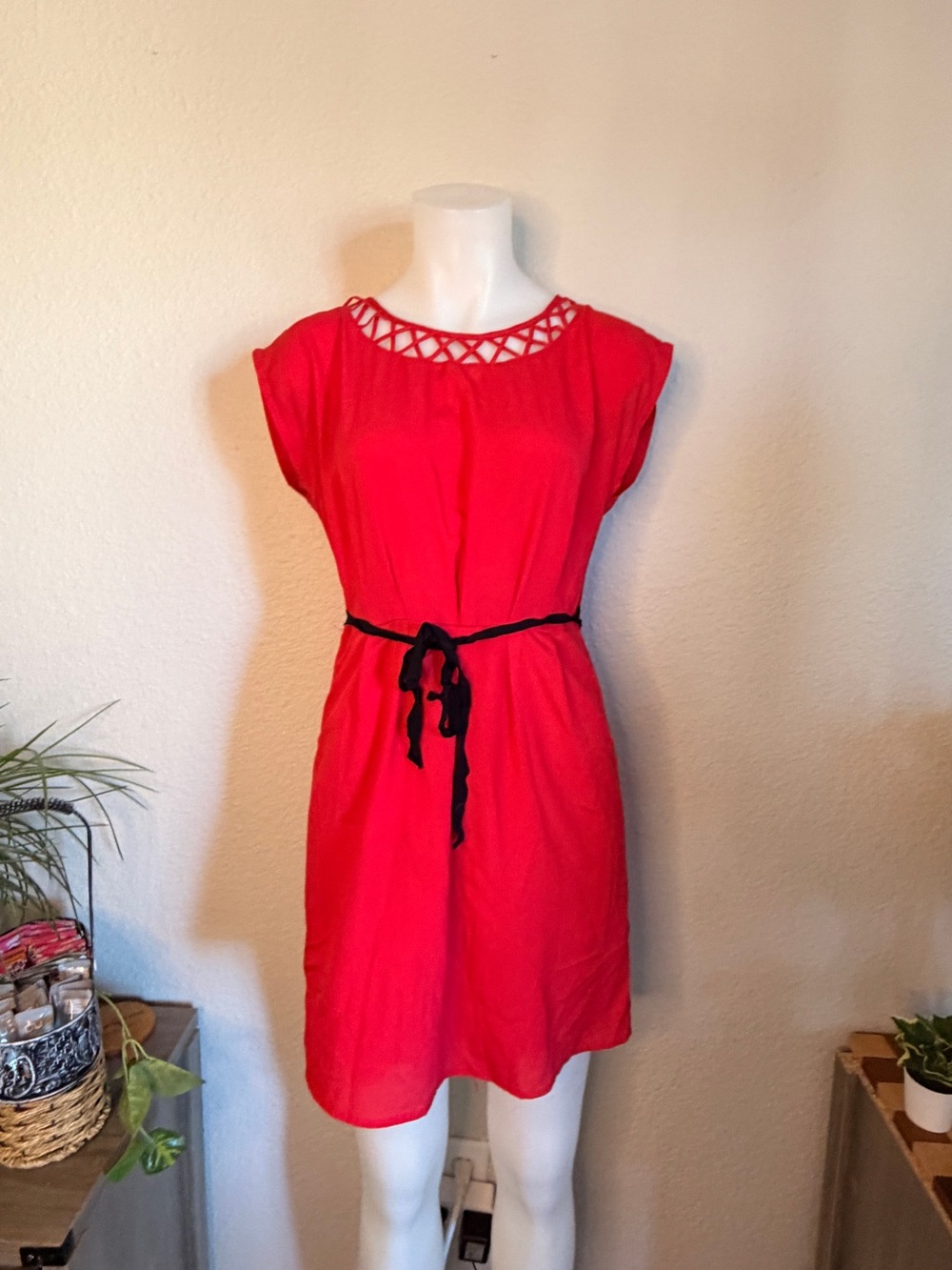 Women’s Bright Zip Up Red Mini Dress with Lattice Neckline